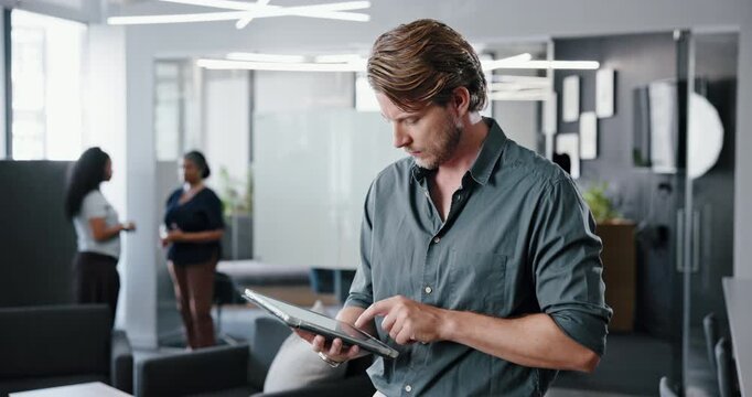 Thinking, typing or journalist in office with tablet, draft insight or source feedback for article. Reflection, coworking or man with tech, story planning or industry research for publication update.