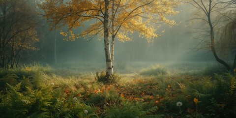 Silver birch standing with surrounding ferns in a misty forest, highlighting natural preservation