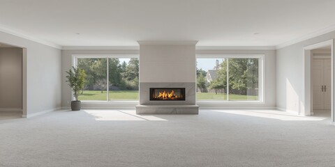 Obraz premium Spacious living room with large windows and walkout basement offering scenic views, suitable for interior design layout planning