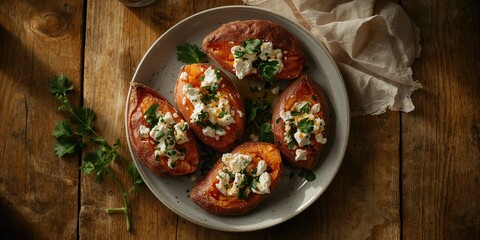 Sweet potatoes topped with feta and parsley, highlighting fiber-rich vegetable dishes, International Potato Day