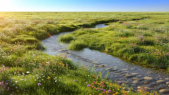 Serene riverbend in blooming meadow under bright blue sky