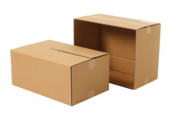 Two brown cardboard boxes brown boxes packaging isolated on a transparent background