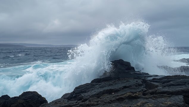 Waves hitting rocky shoreline in Tenerife, Canary Islands, natural erosion process