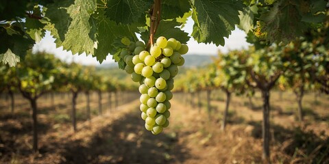 Fototapeta premium Immature green grapes on a tree in a modern vineyard setting, highlighting early development during the growing season
