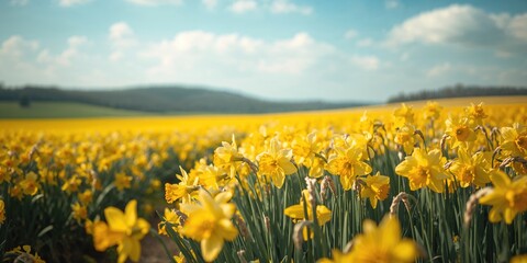 Naklejka premium Daffodils in full bloom across lush fields, ideal for nature-themed layouts or seasonal decor