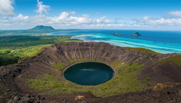 Easter Islands Rano Kau volcanic crater seen from another perspective with Tangata Matu islets, geological feature