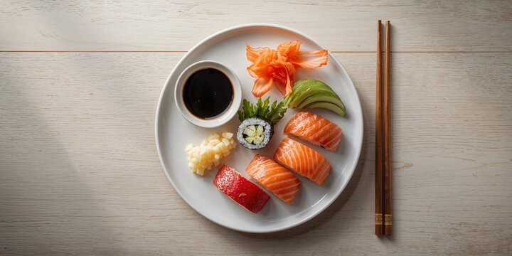 Sushi served on a round plate with chopsticks, soy sauce, ginger, including homemade salmon, avocado, and cucumber rolls, food preparation