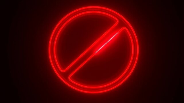 Glowing red neon no entry sign pulsating and illuminating in dark background