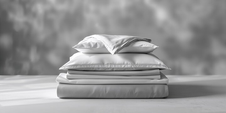 Neatly folded bedding on a surface used as a bedroom setting background for interior styling