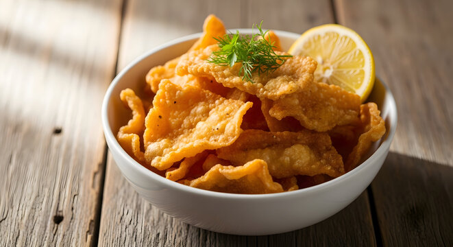 Crispy fried chicken skin chips served in a white bowl with lemon slice and parsley on a wooden table