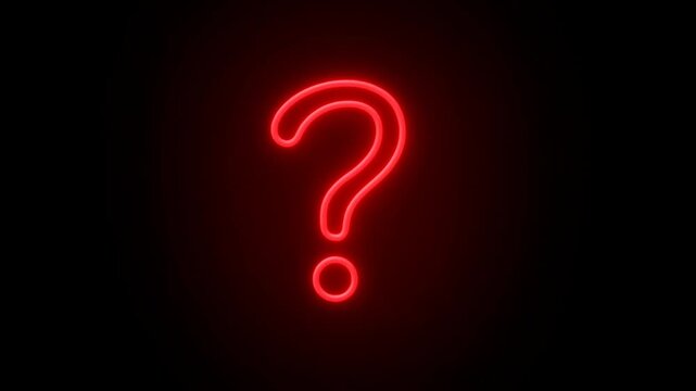 Glowing red neon question mark animation on black background with movement and light effects