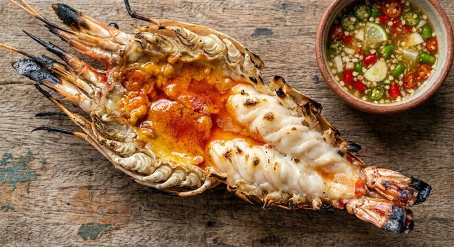 Grilled Giant River Prawn cut in half showing creamy orange head fat and spicy dipping sauce