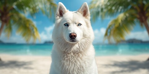 Close-up of a Husky dog in a tropical environment, highlighting breed versatility and outdoor activity