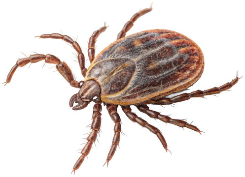 A highly detailed, realistic depiction of a dark brown and grey tick, exhibiting a segmented body and eight slender legs, appears to be crawling across a surface, isolated on transparent background.