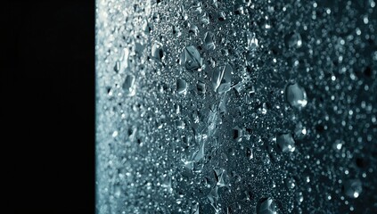 Obraz premium Clear glass with water droplets dripping down against a dark backdrop, used as a visual texture element