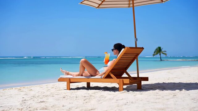 Relaxing on a tropical beach with refreshing drink under a sunny umbrella