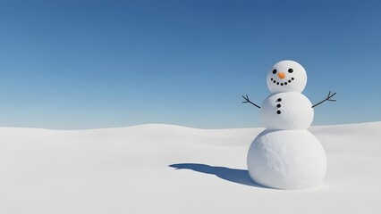 A cheerful snowman standing alone in a snowy landscape with a clear blue sky