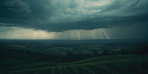 Fototapeta premium Stormy sky above a landscape featuring vineyards, forest, and farmland, highlighting weather influence on rural areas, summer rainy conditions
