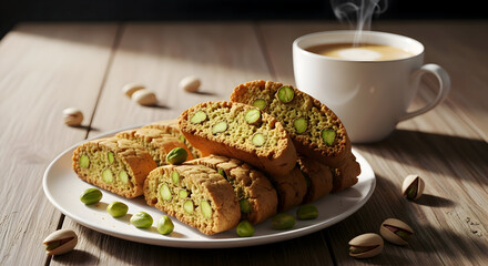 A plate of sliced pistachio cookies with a cup of coffee on a wooden table