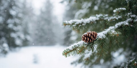 Pine cone resting on snow-covered branch in winter forest, suitable for background or seasonal display