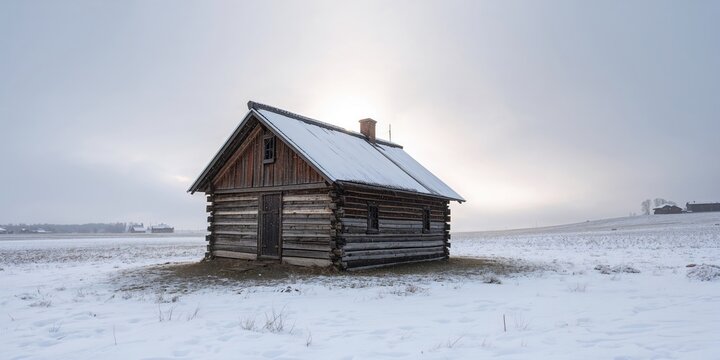 Traditional northern residential architecture in winter with cloudy weather, preservation