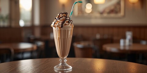 Creamy chocolate and caramel milkshake served as a sweet treat, emphasizing indulgence and added sugars