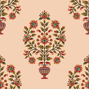Abstract seamless color full mughal motif paisley flower leaf bunch pattern