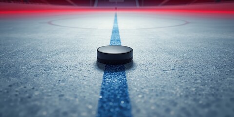 Close-up of ice hockey rink surface with puck, highlighting winter sports safety measures
