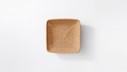 Obraz premium Woven rattan basket with detailed craftsmanship on a plain white surface, ideal for storage or decorative use