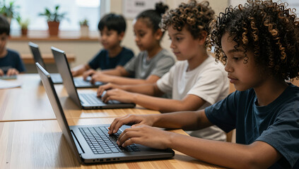 Children learning coding on laptops in classroom