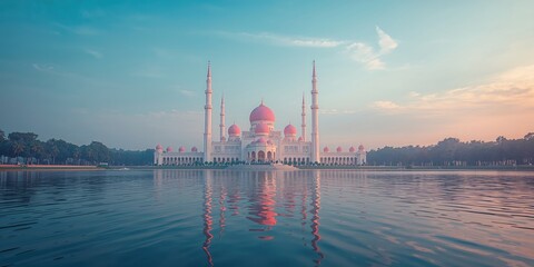 Naklejka premium Morning light illuminating the Putra Mosque in Putrajaya highlighting its domes and minarets, ideal for a cultural heritage layout