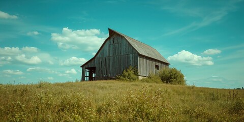 Fototapeta premium Weathered wooden barn atop a hill with overgrown weeds in North Carolina, rural setting, seasonal change
