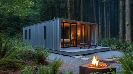 A cozy summer campfire burns brightly in the grass outside an old wooden trailer and a rustic home with large windows reflecting the blue sky
