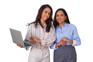 Professional businesswomen team collaborating, smiling and working with laptop, representing partnership and success on transparent background