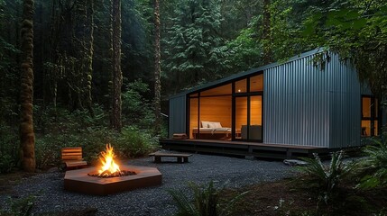 A cozy summer campfire burns brightly in the grass outside an old wooden trailer and a rustic home with large windows reflecting the blue sky