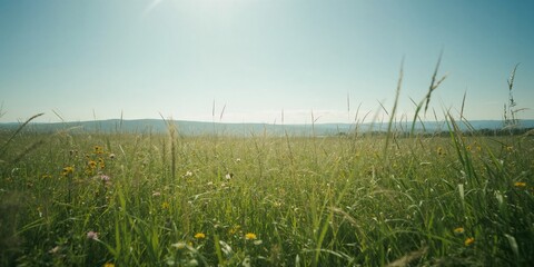 Naklejka premium Swaying tall grass blades in a gentle breeze, used as an editorial header background, Earth Day