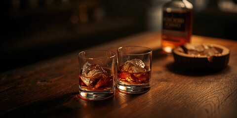Whiskey beverages served on wooden table, highlighting artisanal preparation methods