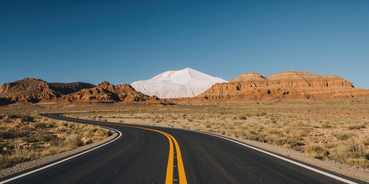 Paved road with yellow stripes winding through a white canyon landscape, suitable for travel planning, Earth Day