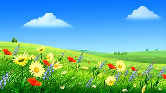 Breezy meadow: vivid flowers and rolling hills under bright blue sky