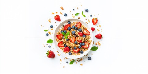 A bowl of granola with mixed nuts and dried fruits, suitable as a high-fiber meal choice