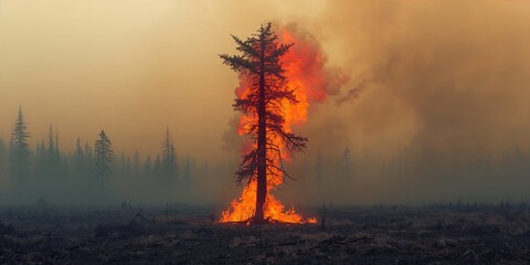 Wildfire engulfing a tree in intense red and orange flames, highlighting wildfire risk, Earth Day