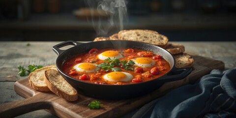 A skillet of Shakshuka featuring eggs and tomatoes served with bread, highlighting nutritious breakfast options