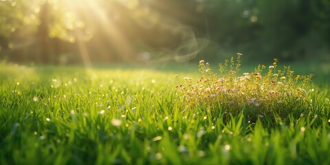 Naklejka premium Summer greenery scene serving as an editorial header background, with lush grass and clear sky