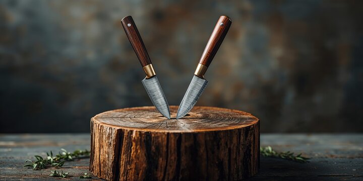 A knife and cleaver stuck in a wooden stump, highlighting tool safety and sharpening needs in outdoor work
