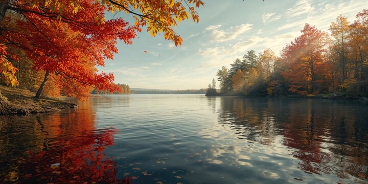 Autumn leaves in lakeside and marshland scenery in Nova Scotia, seasonal transition focus