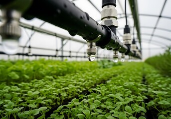 Automated irrigation system watering rows of fresh green seedlings in commercial greenhouse