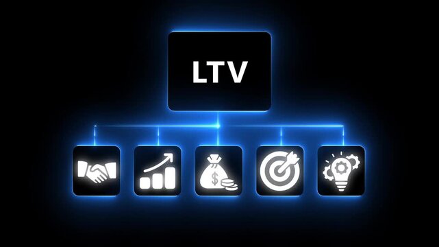 Customer Lifetime Value LTV Marketing Strategy Icons with Glowing Blue Lines on Black Background image