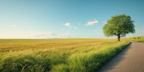 Naklejka premium Expansive shot of a summer heath landscape featuring grass, land, and a road, highlighting nature and travel themes