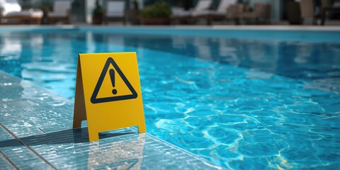 Pool safety warning sign, emphasizing hazard awareness and accident prevention