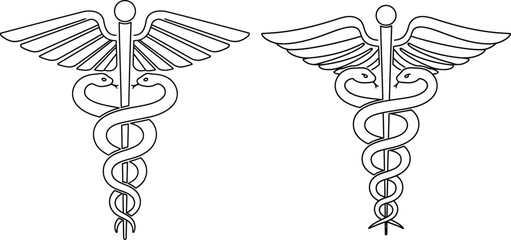 Caduceus medical symbol design, detailed line art featuring two snakes winding around staff with wings
